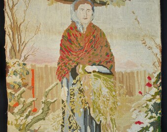 Large 27 Needlework Art 1850s Antique Victorian Petit Point Needlepoint Troubadour Courting Lady Tapestry Scene