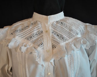 Antique Victorian White Cotton Nightgown, Embroidered Night Shirt Long Sleeves