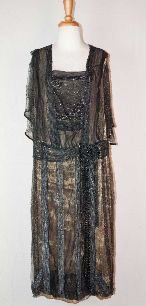 1920’s Flapper Evening Reception Gown Black Bugle… - image 1