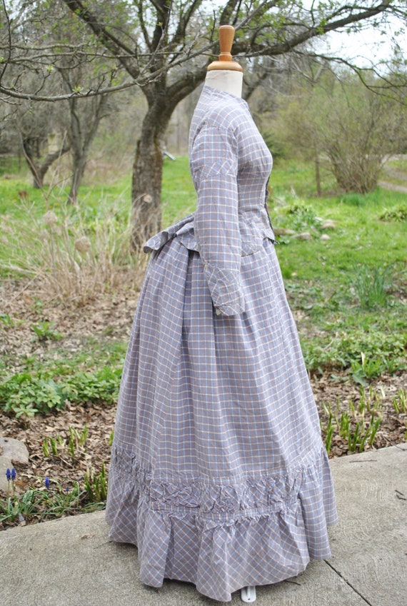 Victorian Plaid Cotton Bustle Dress, 2 Piece Summ… - image 2