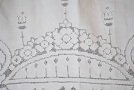 Antique Vintage Tablecloth Embroidered  Mosaic Punch Work Floral Linen, Measures 100" x 64"