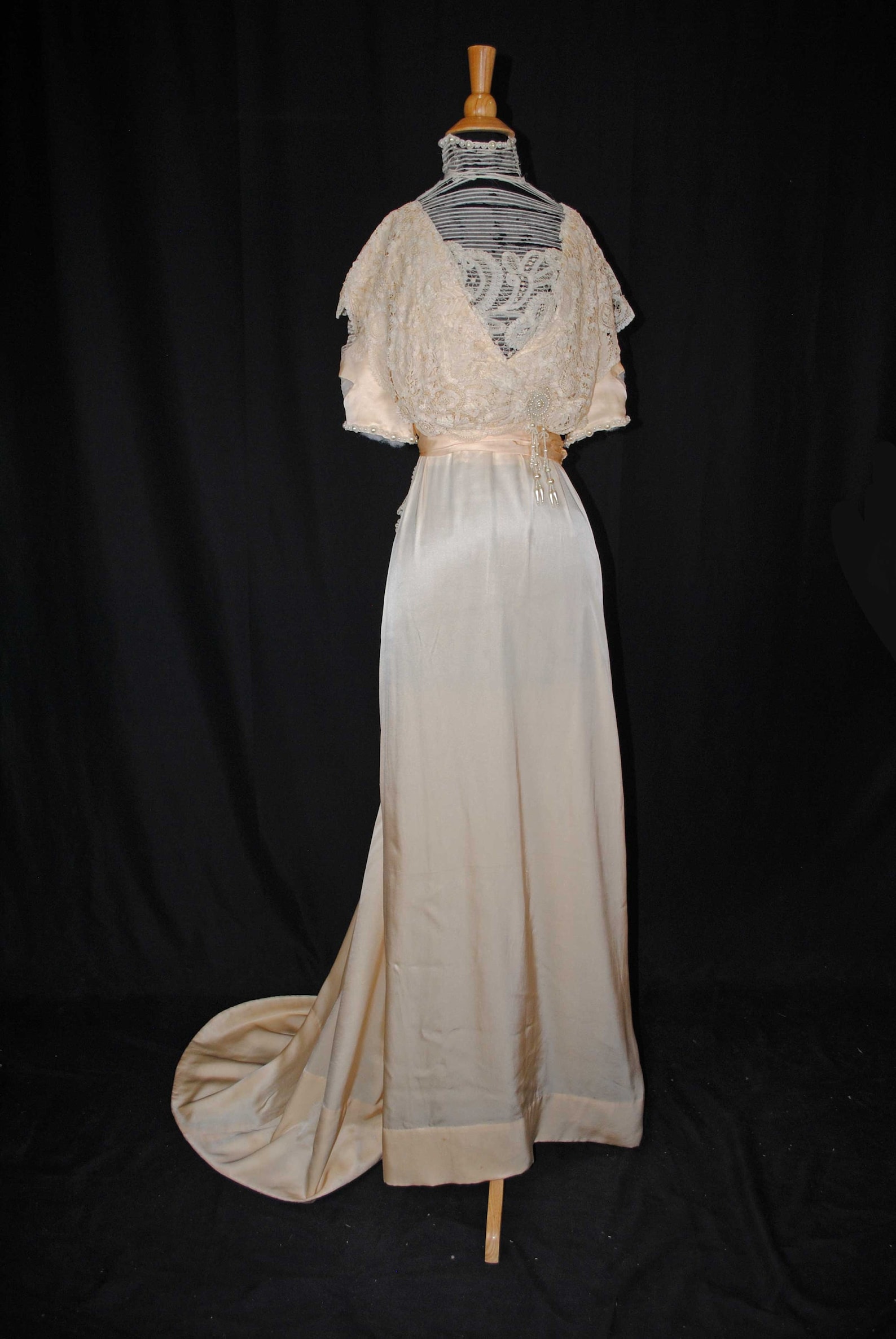 1920s Silk Satin Wedding Dress With Battenburg Lace, Trained