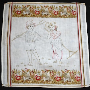 May include: White handkerchief with embroidered figures of a boy and girl with farming tools. The border features floral and animal designs in red, gold, and white. Vertical stripes in red, gold, and white frame the edges.