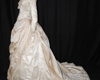 Victorian Trained Two Piece Silk Satin Bustle Wedding Gown, c1889