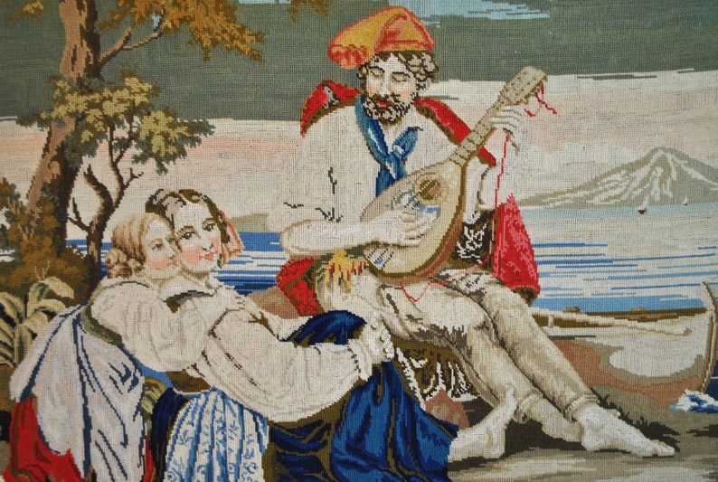 Large 27 Needlework Art 1850s Antique Victorian Petit Point Needlepoint Troubadour Courting Lady Tapestry Scene