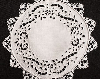 Antique Vintage Broderie Anglaise Wine Cocktail Coasters 6" Round Coasters  - Set of 10