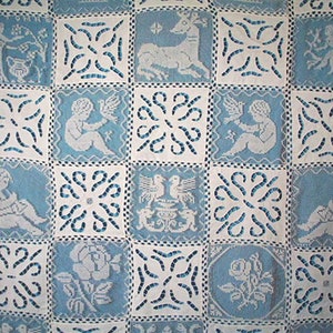 Antique French Linen  And Lace Bedspread, Figural Filet lace Inserts Of Birds And Children With Cutwork, 1920s
