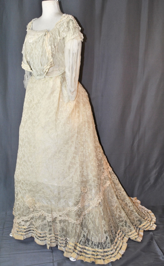 Antique Victorian Dress Ball Gown Tambour Lace - … - image 1