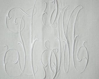 Par de cubrecamas de lino vintage, década de 1920, monograma bordado a mano "ICM"