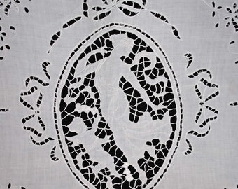 Antique Italian Linen Figural Tablecloth Whitework Embroidery And Cutwork,  133" x 70"