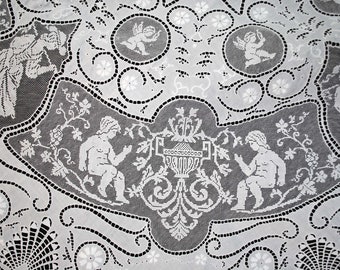 Antique Italian Round Linen Figural Tablecloth Whitework Embroidery, 72” Round