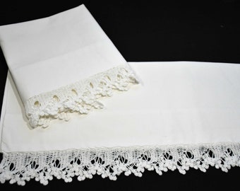 Vintage 1930's Pillowcases With Scalloped Crochet Lace Edge Trim