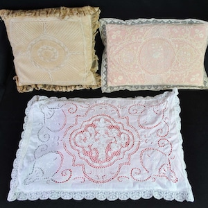 1920s Boudoir Pillows, Normandy Lace, Point De Venise And Lace, Lot Of 3 Pillows