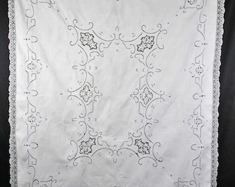 Antique Lace Tablecloth, Italian Point De Venise Inserts, Embroidered Florals, 84"  x  68"
