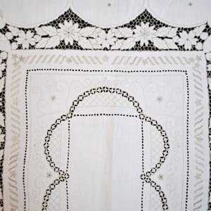 Vintage Madeira Tablecloth Richelieu Cutwork Linen Cloth, Embroidered Floral Roses Cloth, 105&quot; x 65&quot;, 12 Napkins