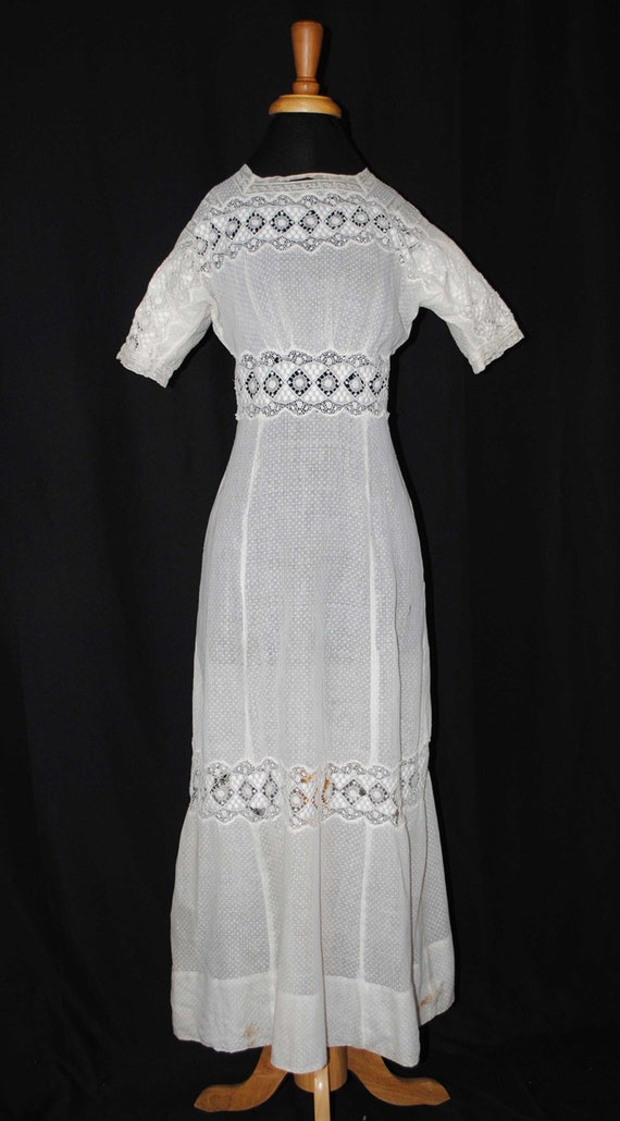 Antique Edwardian Lace Slip Dress 1910 20s White Linen Eyelet