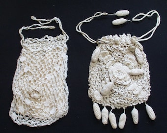 Antique Crocheted Purses, Lot of 2 Drawstring Bags