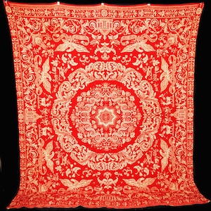 Couverture antique du centenaire à double tissage des années 1860, rouge et blanc avec médaillons d'aigles, de cerfs et d'oiseaux