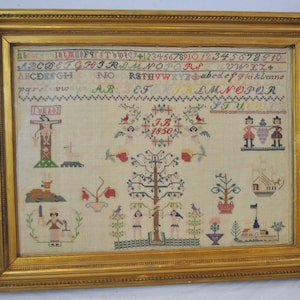 Victorian Folk Art Sampler With Adam & Eve, Dated 1850