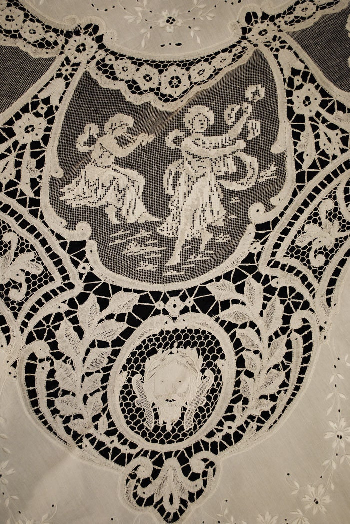 Antique Italian Figural Lace Tablecloth, Appenzel, Milanese, Point De Venise, Filet Lace,  93" Round