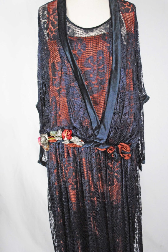 Vintage Black Blue Net Lace Party Dress, c1925 - image 3