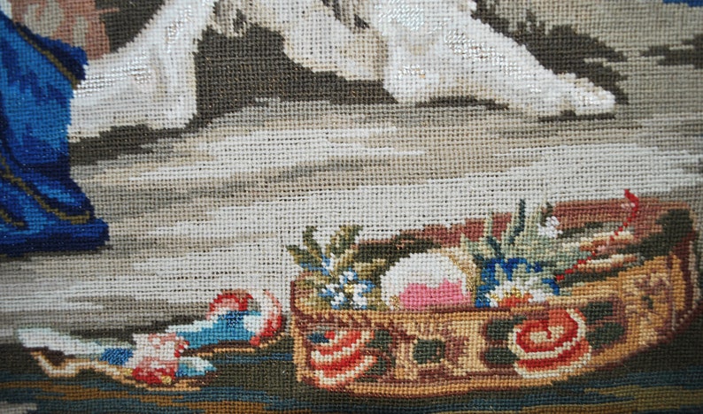Large 27 Needlework Art 1850s Antique Victorian Petit Point Needlepoint Troubadour Courting Lady Tapestry Scene