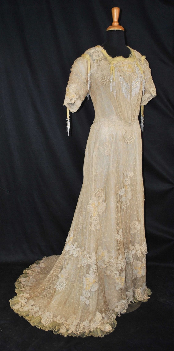 Edwardian Lace Reception Gown Trained, 1905, Label