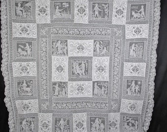 Antique Italian Tablecloth,  Four Seasons and Monthly Filet Figurals, Hand Embroidery, 92" x 82”