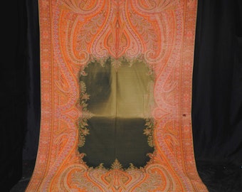 Victorian Jacquard Woven Paisley Shawl, Black Center, 1860s, 125" x 64"