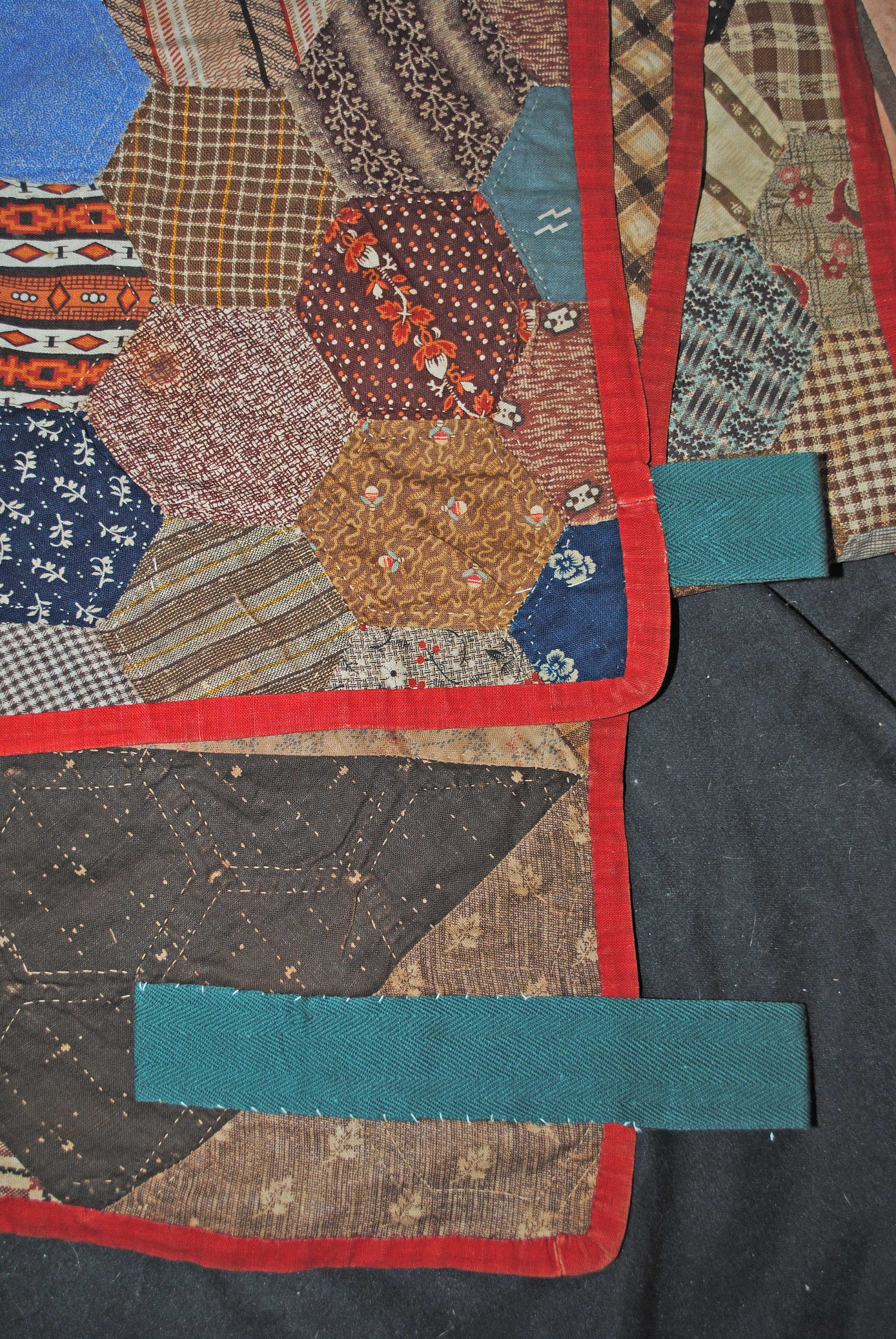 Victorian Patchwork Reversible Quilt, Triangles and Hexagon, C1880