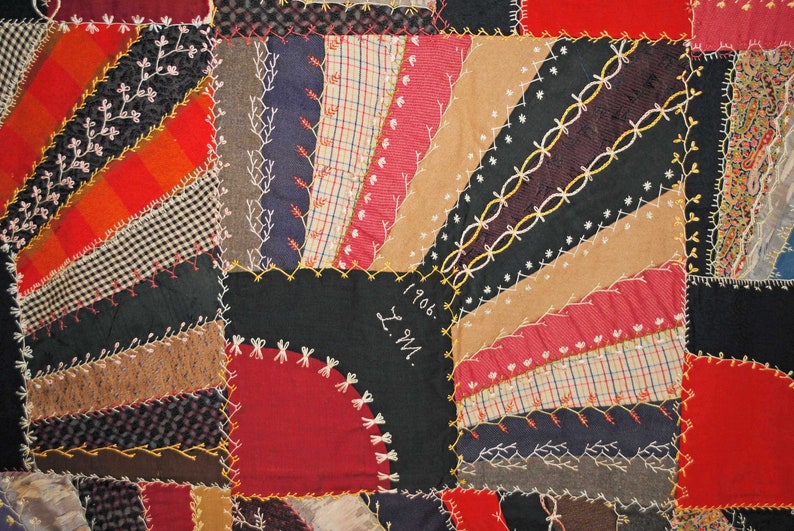 Dated 1906 Crazy Quilt Top Heavily Hand Stitched Embroidery image 4