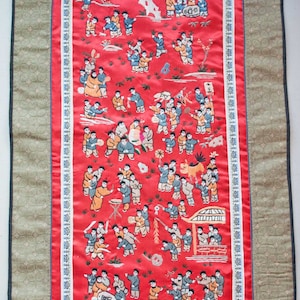 Chinese Red Silk Embroidery Panel, 100 Children Birthday Celebration Enjoying Life, 1920s