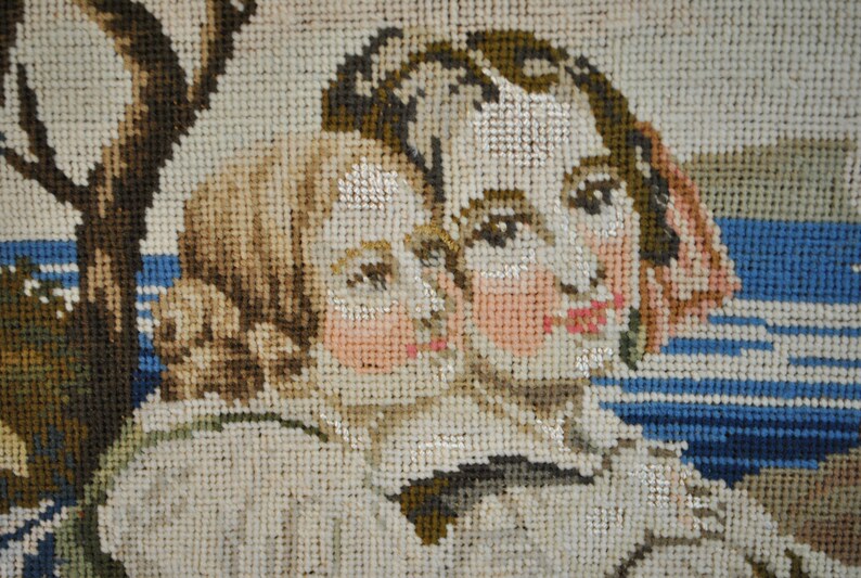 Large 27 Needlework Art 1850s Antique Victorian Petit Point Needlepoint Troubadour Courting Lady Tapestry Scene