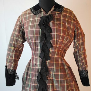 Checked Plaid Silk Taffeta Day Dress, House Dress, 1850s