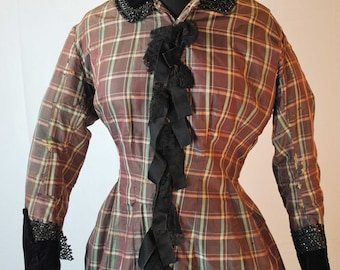 1850 Checked Plaid Silk Taffeta Day Dress, House Dress