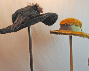 1890-1910's  Edwardian Plush Feece Felt Hats, Museum De-accession, Lot Of 2