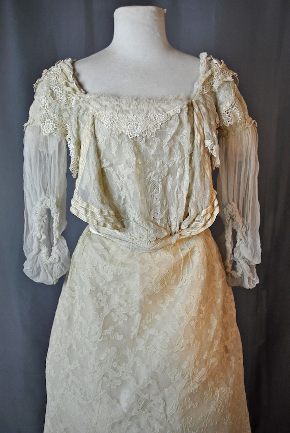 knee length dresses for ladies 1930s Blue Tambour Floral Embroidered Lace Gown Dress Velvet Ribbon   Breath Of the Earth