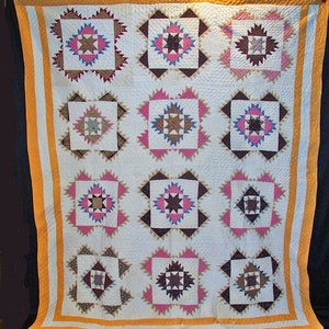 Antique Eight Point Twinkling Star Pieced Quilt, Heavily Quilted, c1860-1870