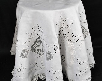Antique Round Linen Tablecloth Eyelet Whitework Embroidery,  Filet Lace Inserts, 72” Round