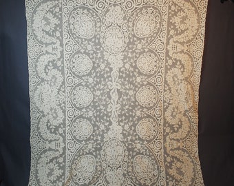 Antique Lace - 1920s Tablecloth French Alencon Lace Banquet Tablecloth, 109" x 72"