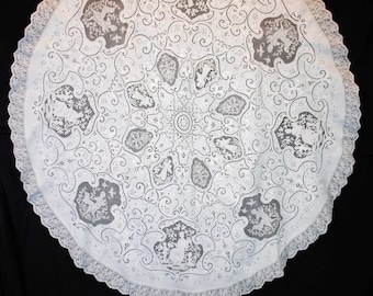 Antique Italian Round Linen Figural Tablecloth Whitework Embroidery, 80” Round