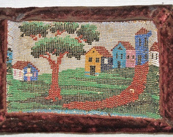 Antique Victorian Beadwork, Miniature Scene Dated 1854, FOLK ART