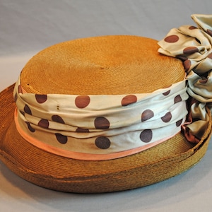 Large 1915 Golden Straw Woven Hat With Ribbon Bow