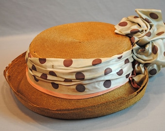 Large 1915 Golden Straw Woven Hat With Ribbon Bow
