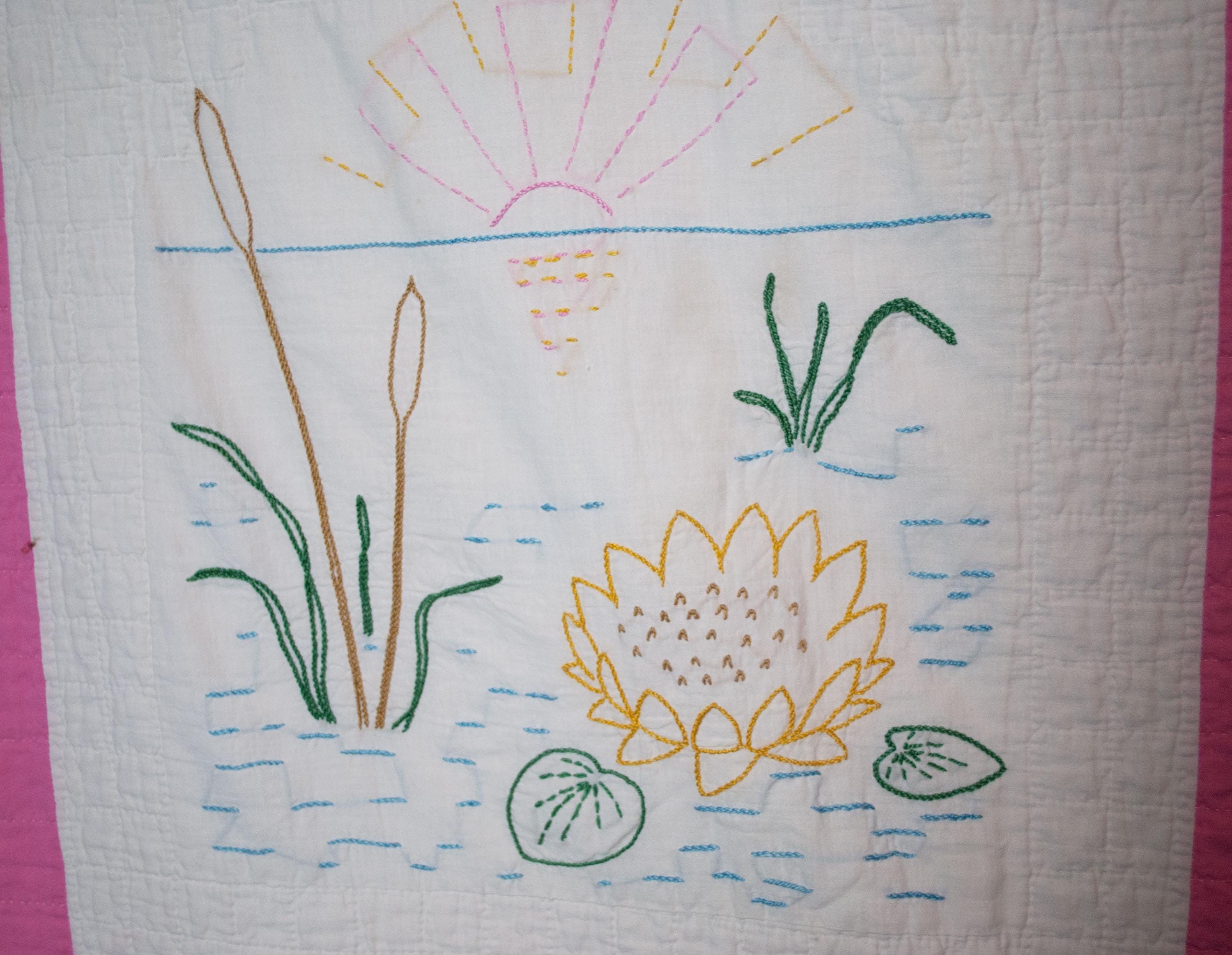 1940 年代の花柄刺繍キルト、手縫い、キルティング、83 インチ x 64