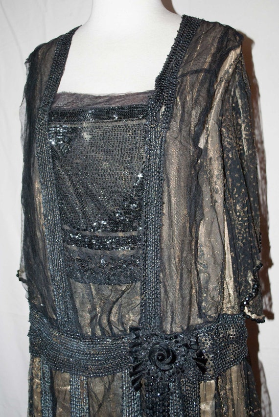 1920’s Flapper Evening Reception Gown Black Bugle… - image 7