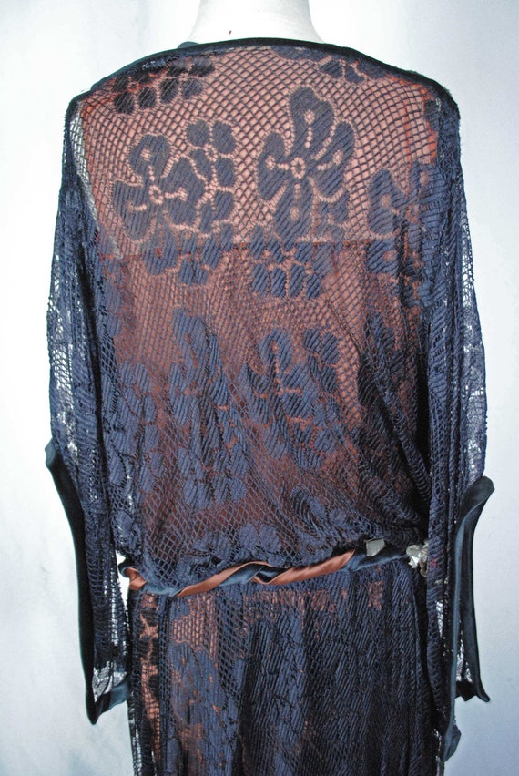 Vintage Black Blue Net Lace Party Dress, c1925 - image 7