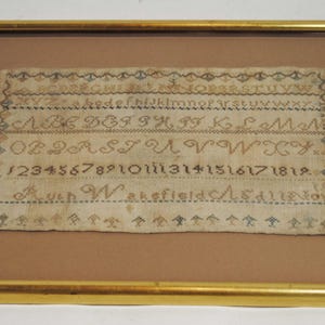 Antique Alphabet And Numbers Sampler, Finely Worked School Girl Embroidery, Framed