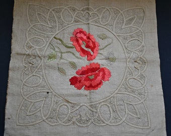 Antique Square Battenburg Lace Tablecloth With Embroidered  Red Flowers, Unfinished