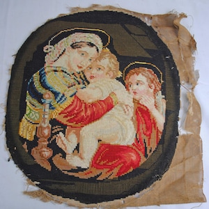 Vintage Needlepoint Oval Berlin Work, 1850s, Madonna, Child, John the Baptist